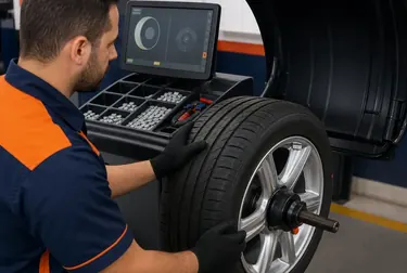 Especialista balanceando rodas em uma borracharia em Uberaba.