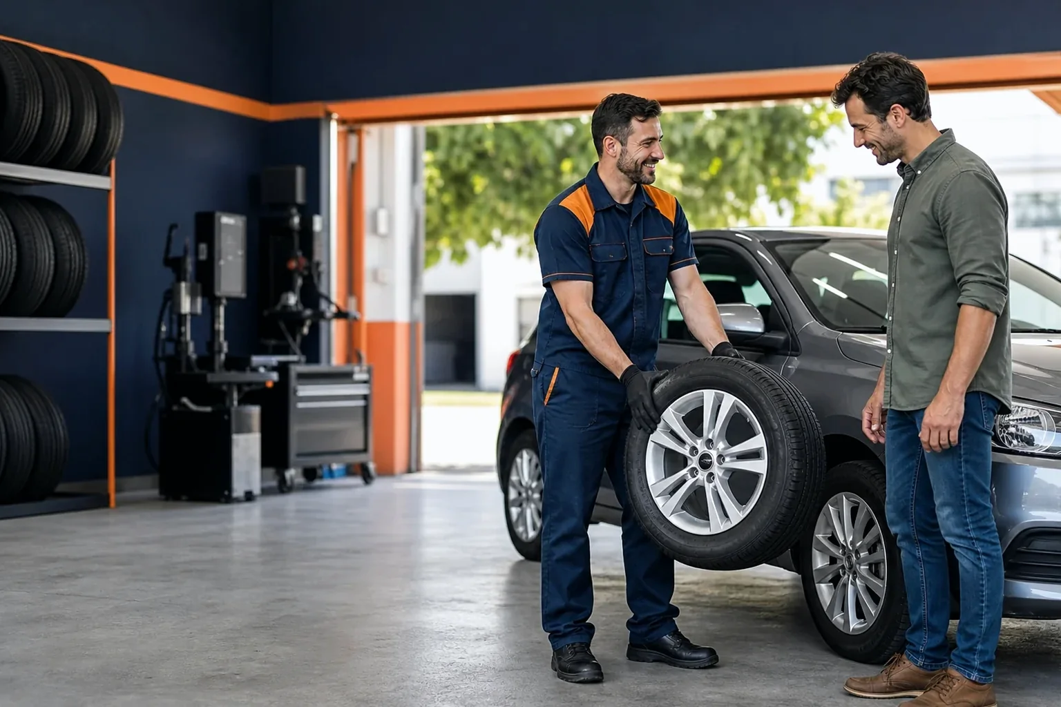Profissional em ação em uma borracharia em Uberaba, realizando manutenção de pneus.