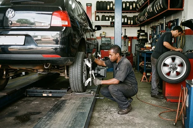 Técnico fazendo alinhamento e balanceamento de rodas em Uberaba.
